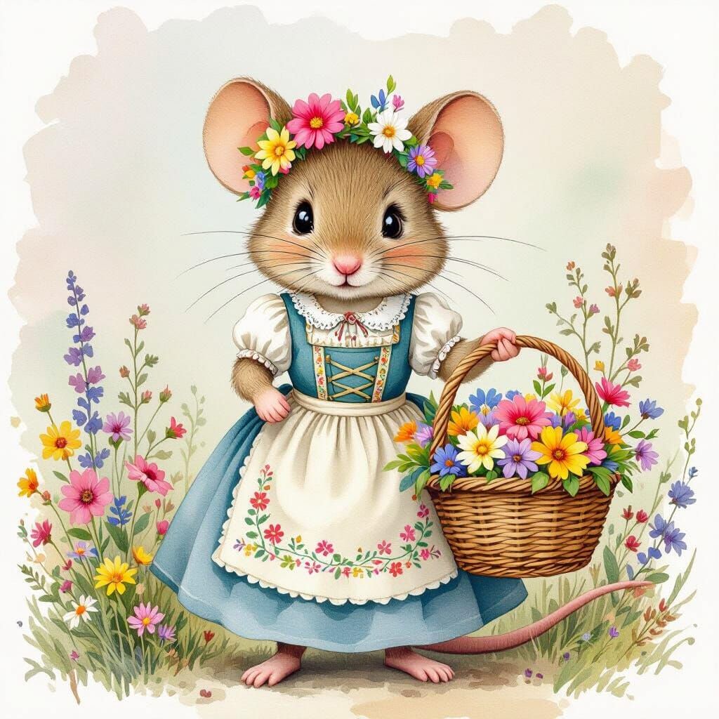 Charming Mouse with Flowers in Beatrix Potter Style