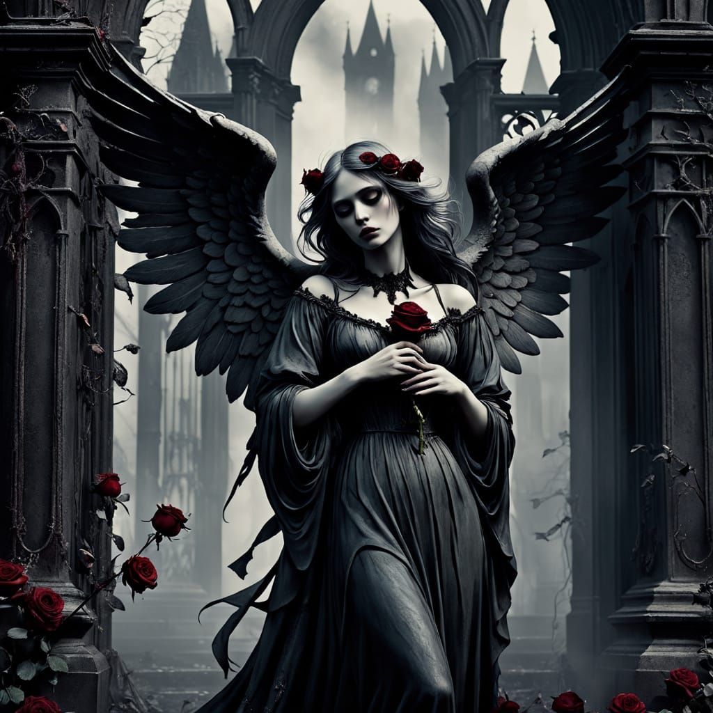 Emo Angel Offers Withered Rose to Lost Soul in Gothic Underw...