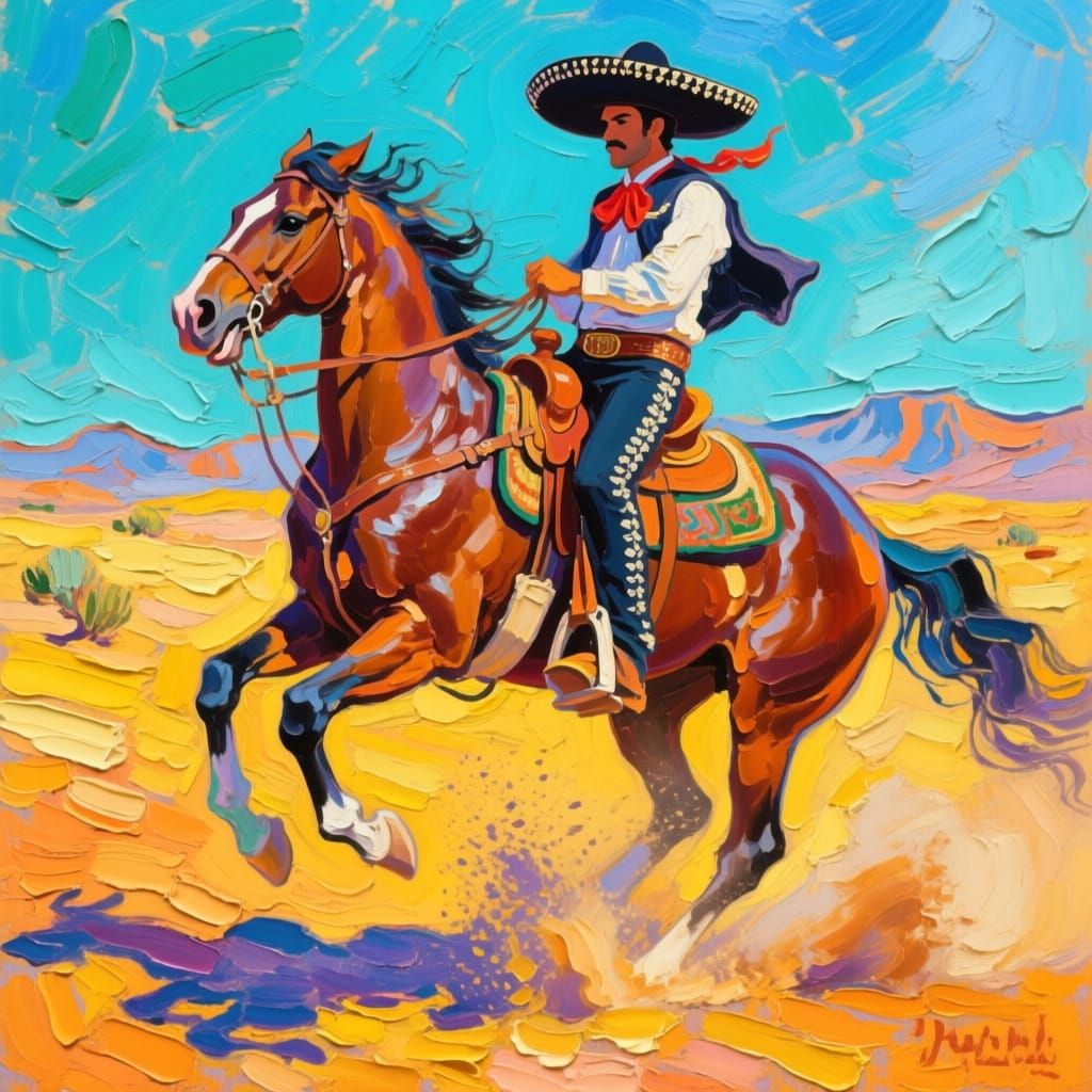 Impasto Bandit on Steel Dust Horse in Desert