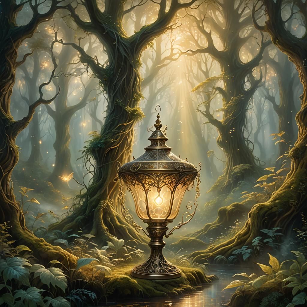 Galadriel's Lamp in Mystical Forest: Oil Painting