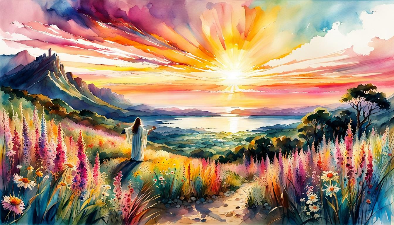 Jesus Blessing Children: Digital Watercolor Summerscape
