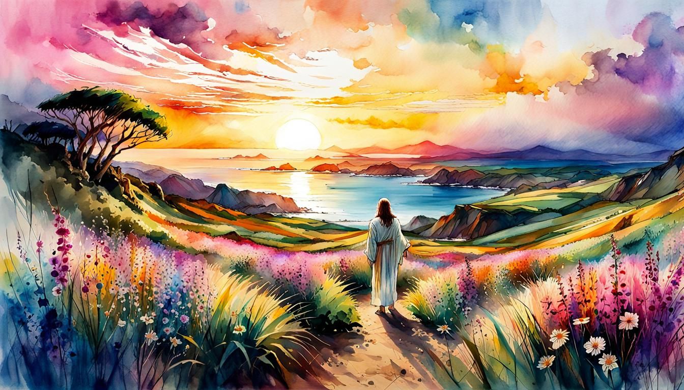 Jesus Beckoning Children: Digital Watercolor Summerscape