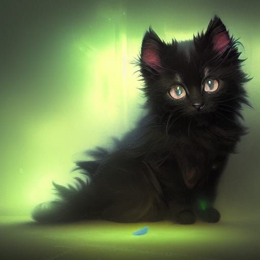 Fluffy Black Kitten Art in Hyperdetailed Style
