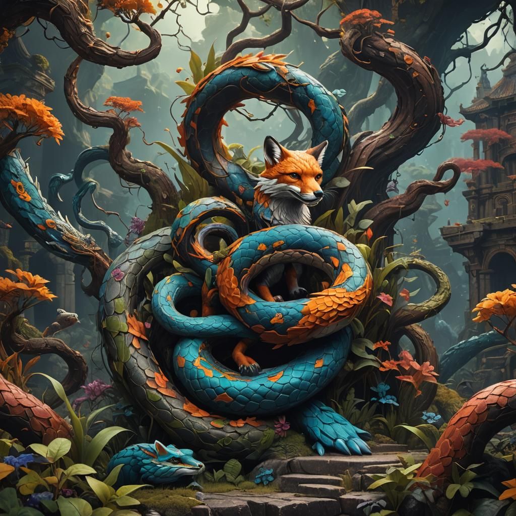 Detailed Snake-Fox Hybrid in Fantasy Art Style