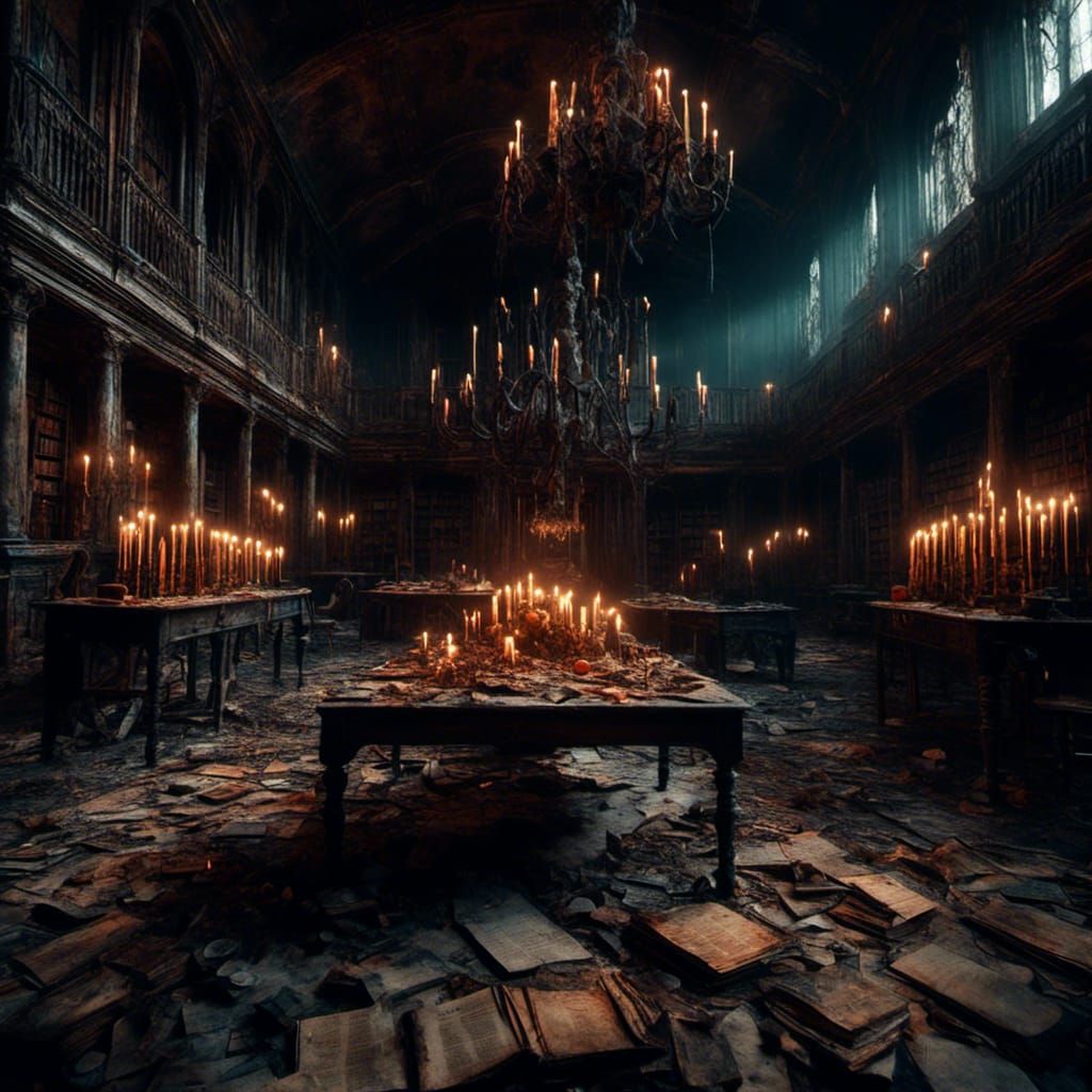 Macabre Library with Candles, Books and Skulls
