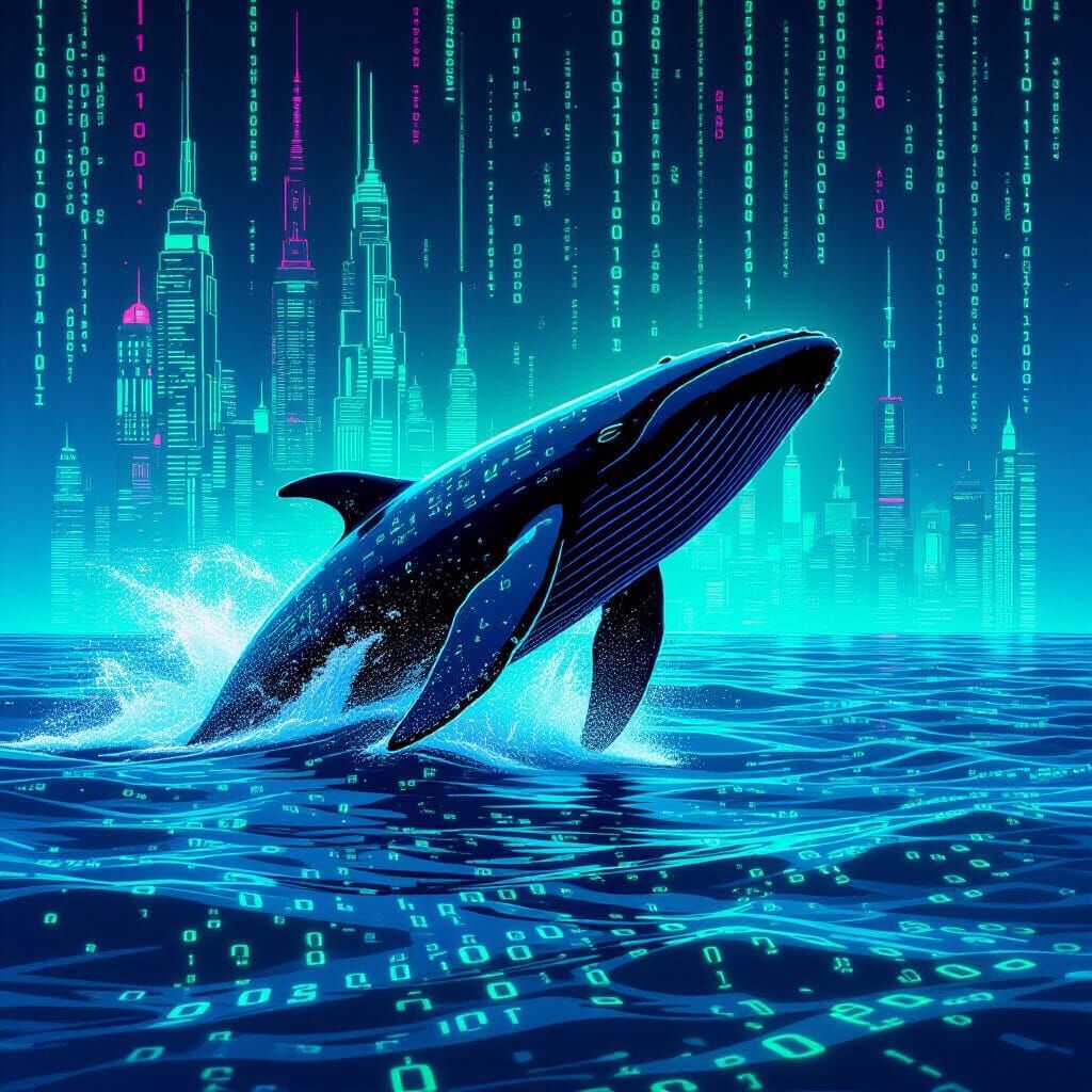 Whale Breaching Digital Ocean in Neon Cyberpunk Style