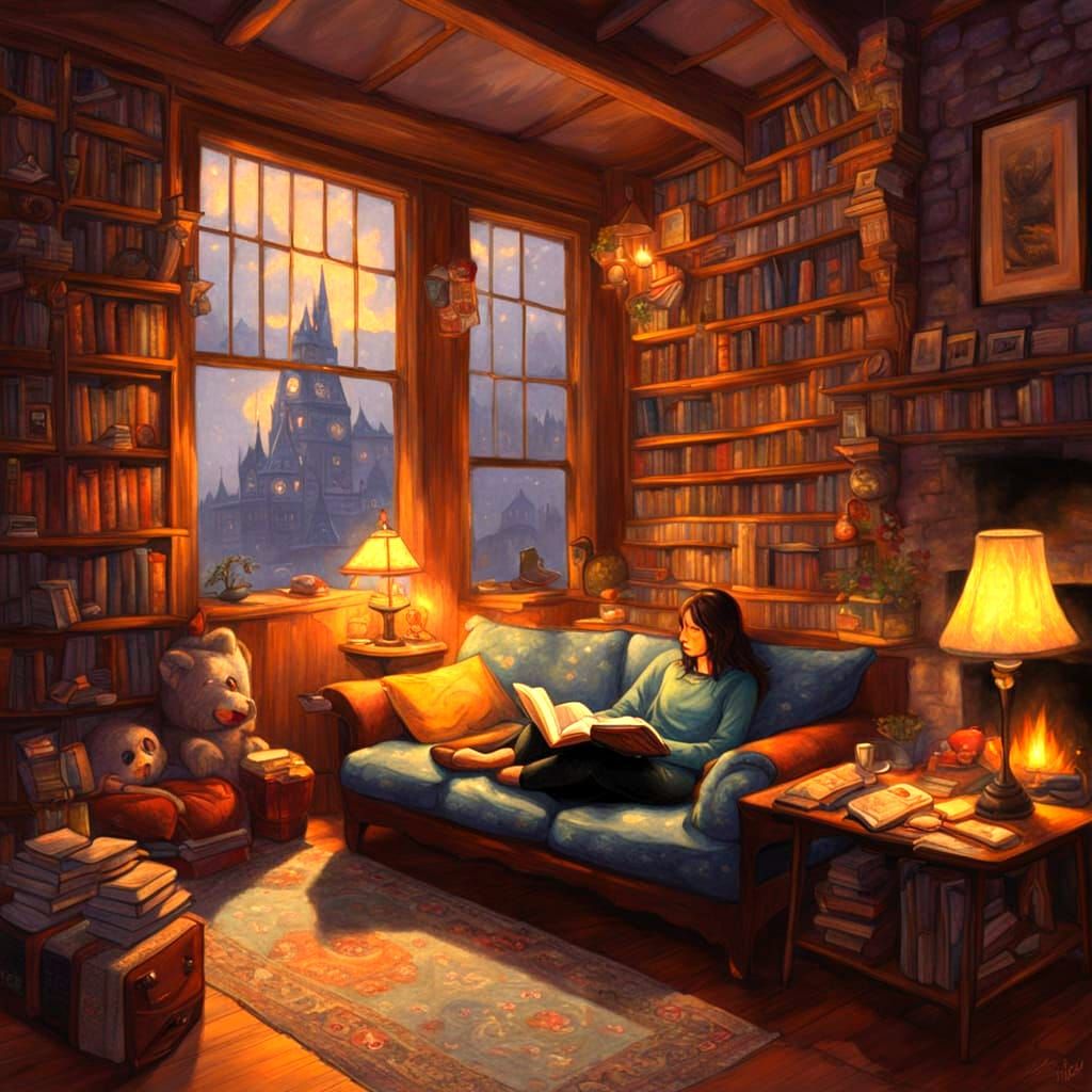Cozy Reading Nook with Cheshire Cat, Kinkade Style