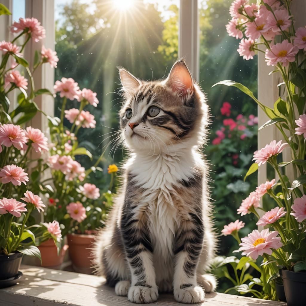Kitten Gazing at a Sunlit Flower Garden