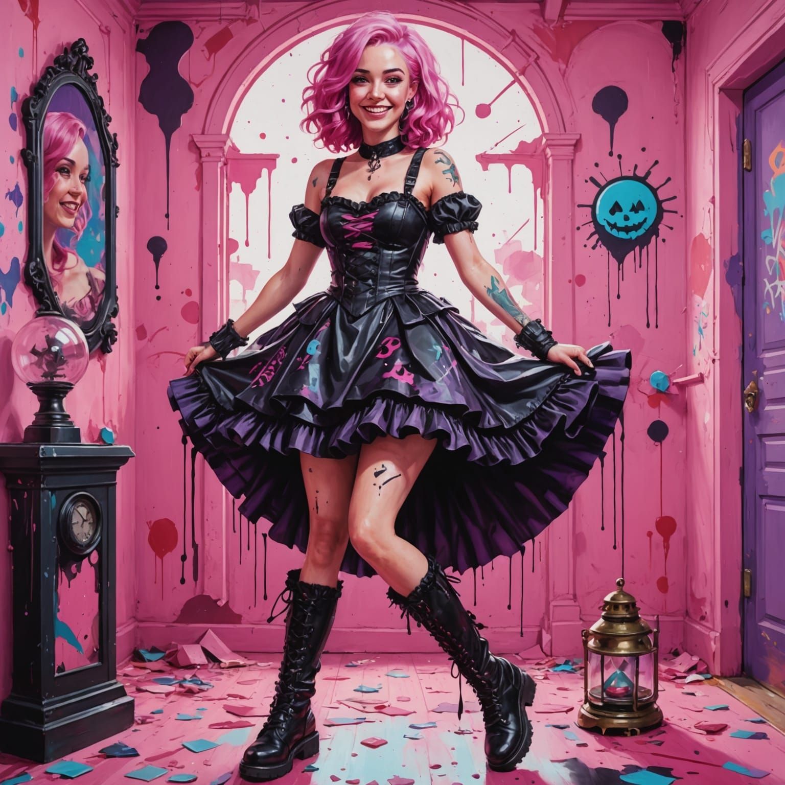 Vibrant Pink Goddess Posing in a Graffiti Art Paradise