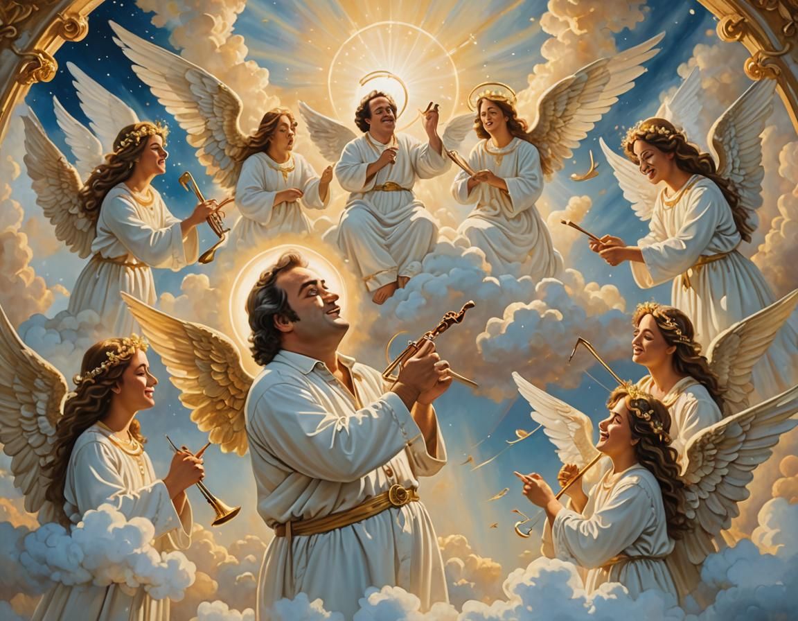 John Belushi's Heavenly Encounter: A Surreal Oil Painting