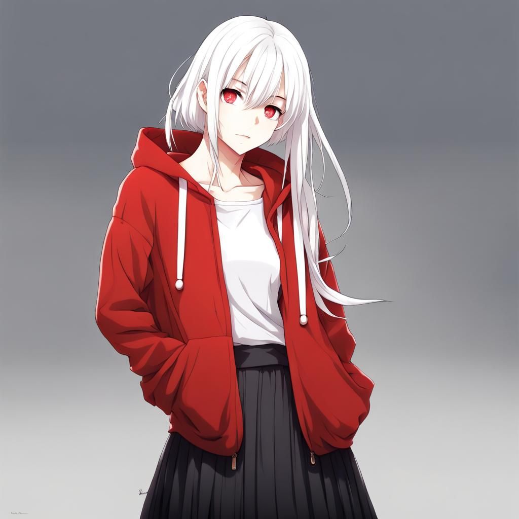 Anime Girl in Red Hoodie with White Hair
