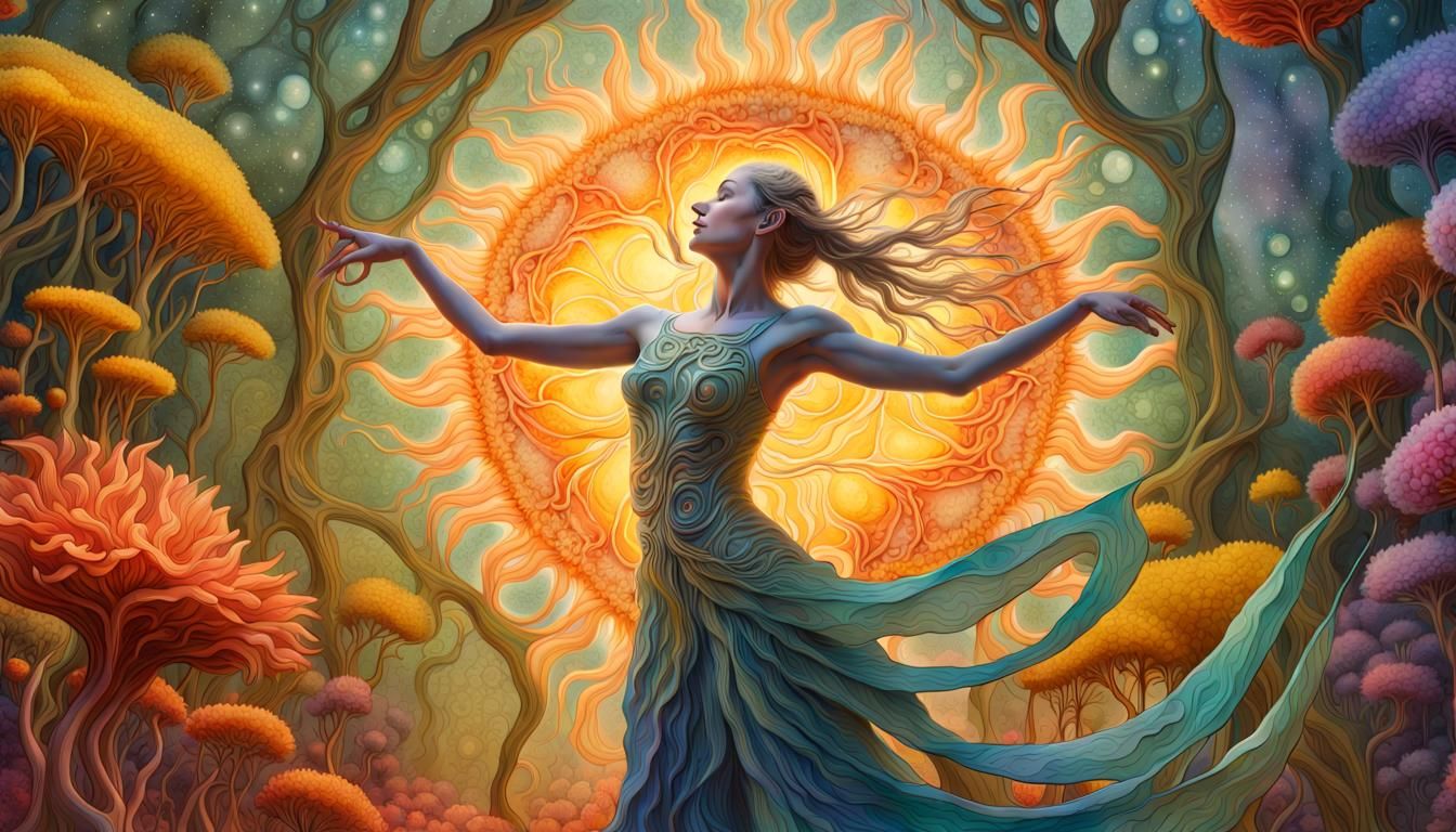 Woman Dancing in Surreal Sun and Moon Flower