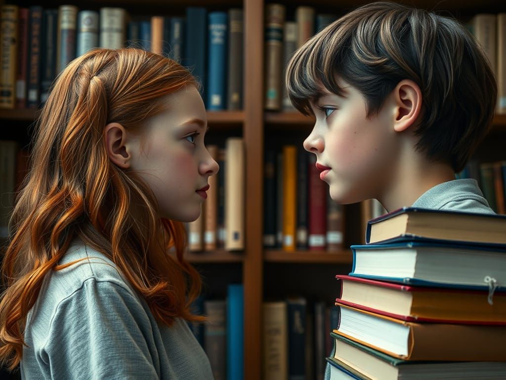 Teenagers Meet at Library Bookshelf