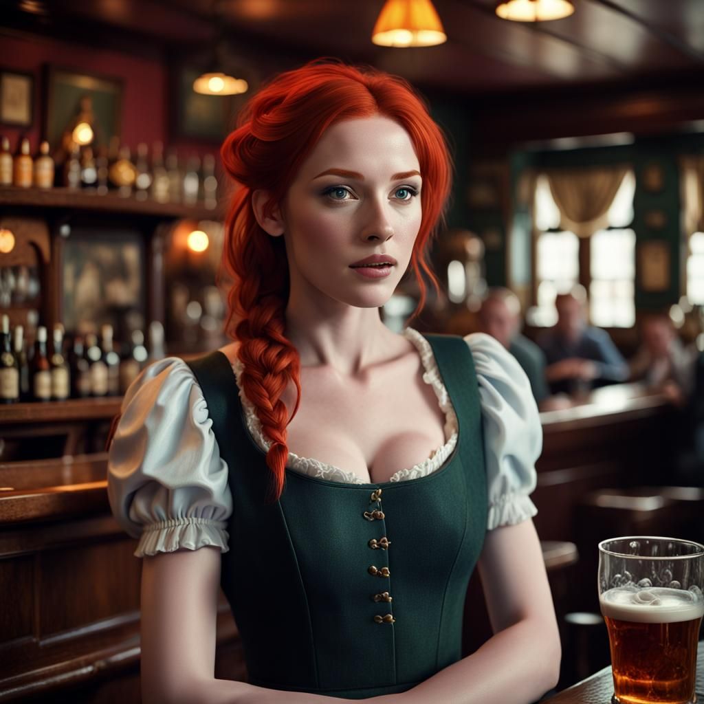 Redhead Woman in Pub: Photorealistic Fantasy Art