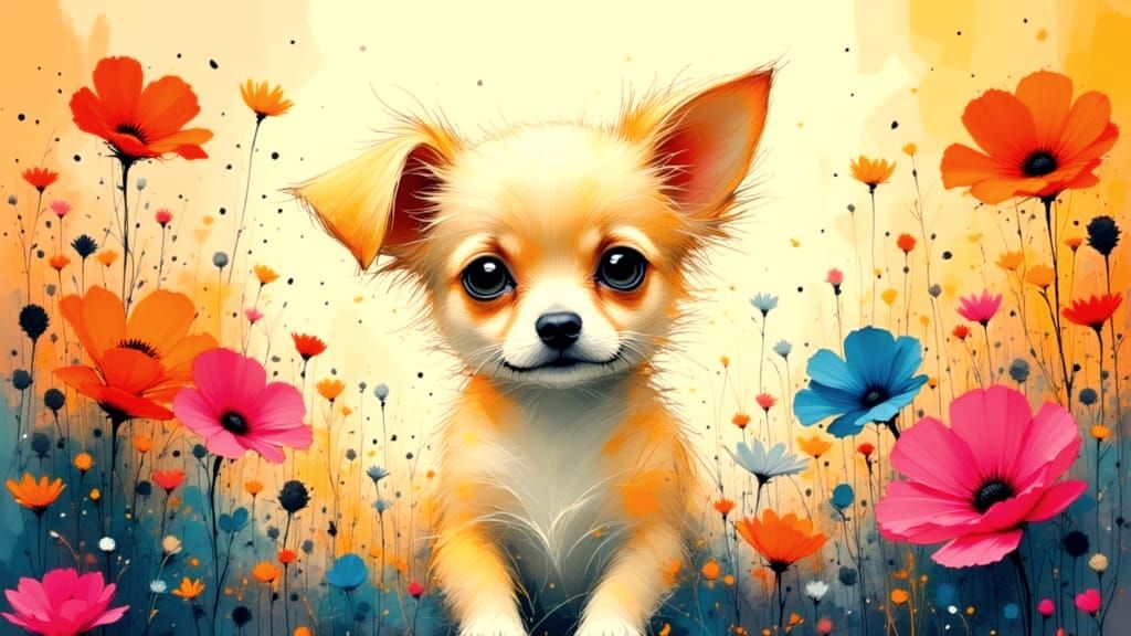 Adorable Blonde Chihuahua Puppy in Flowerbed