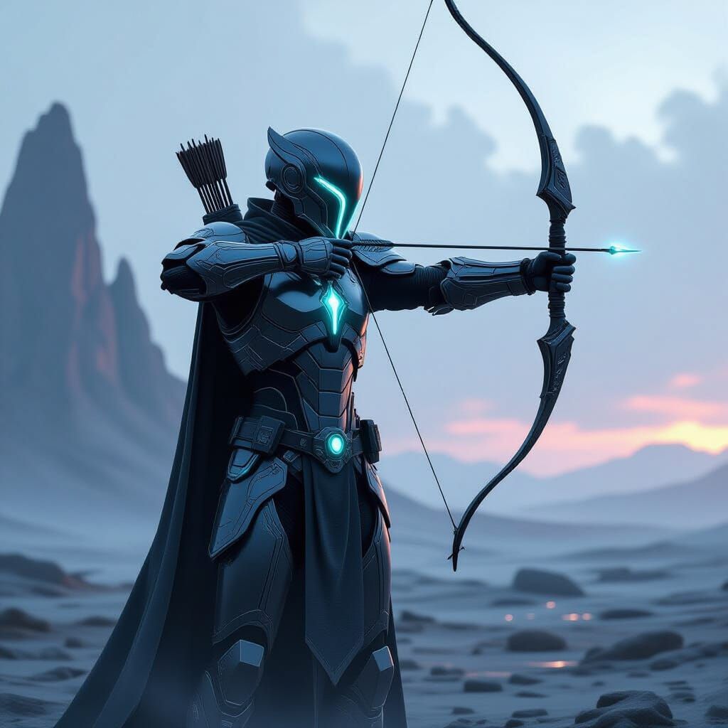 Futuristic Archer in Advanced Armor in Desolate Landscape