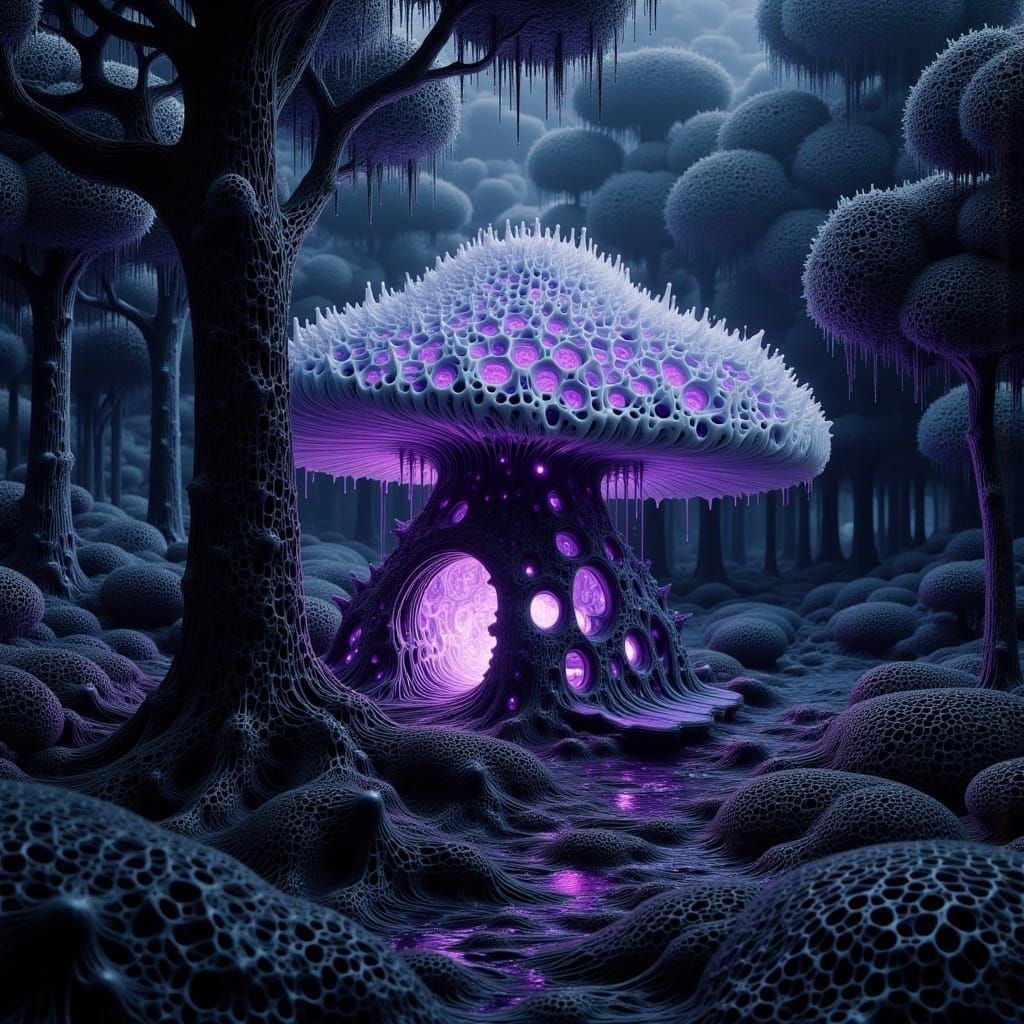 Enchanted Fairy Mushroom House in Bioluminescent Forest