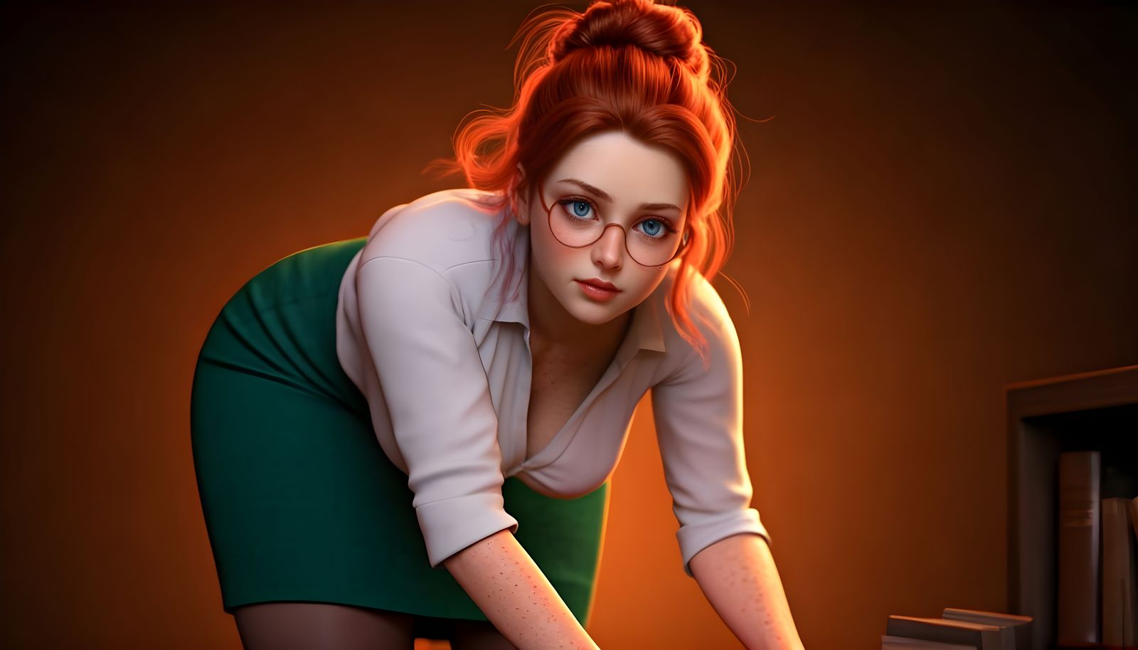 Pixar Style Librarian with Red Hair and Glasses