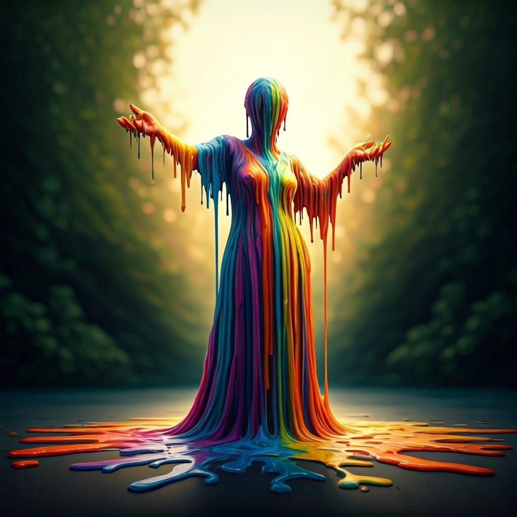 Vibrant Melting Wax Figure in a Summer Landscape
