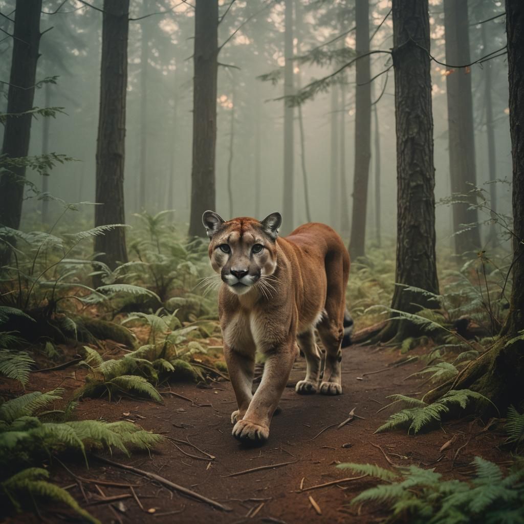 Cougar in Misty Forest: Cinematic 35mm Film