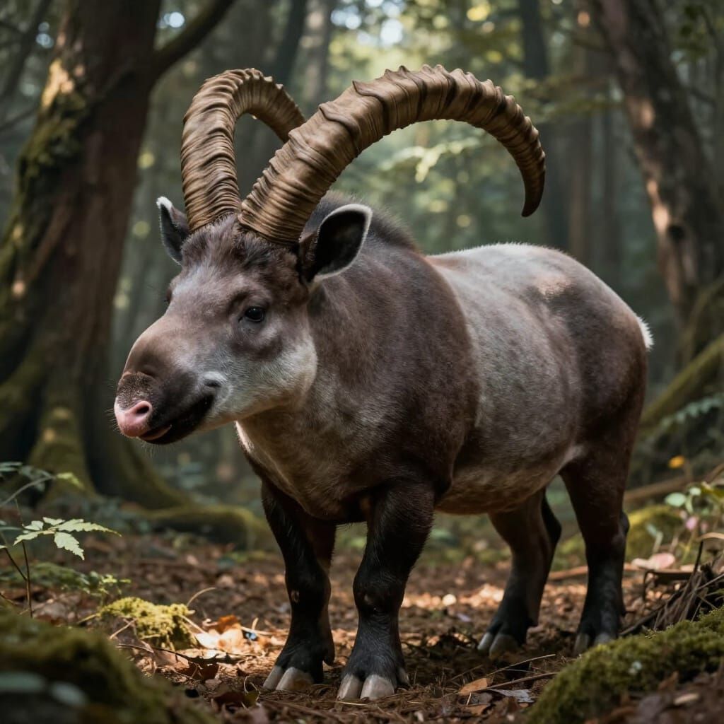 Surreal Ibex-Tapir Hybrid in Mystical Forest