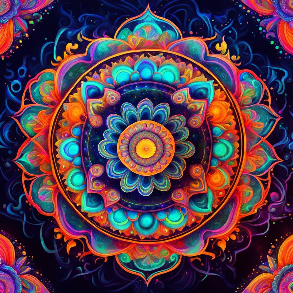 Psychedelic Mandala Art in Neon Colors