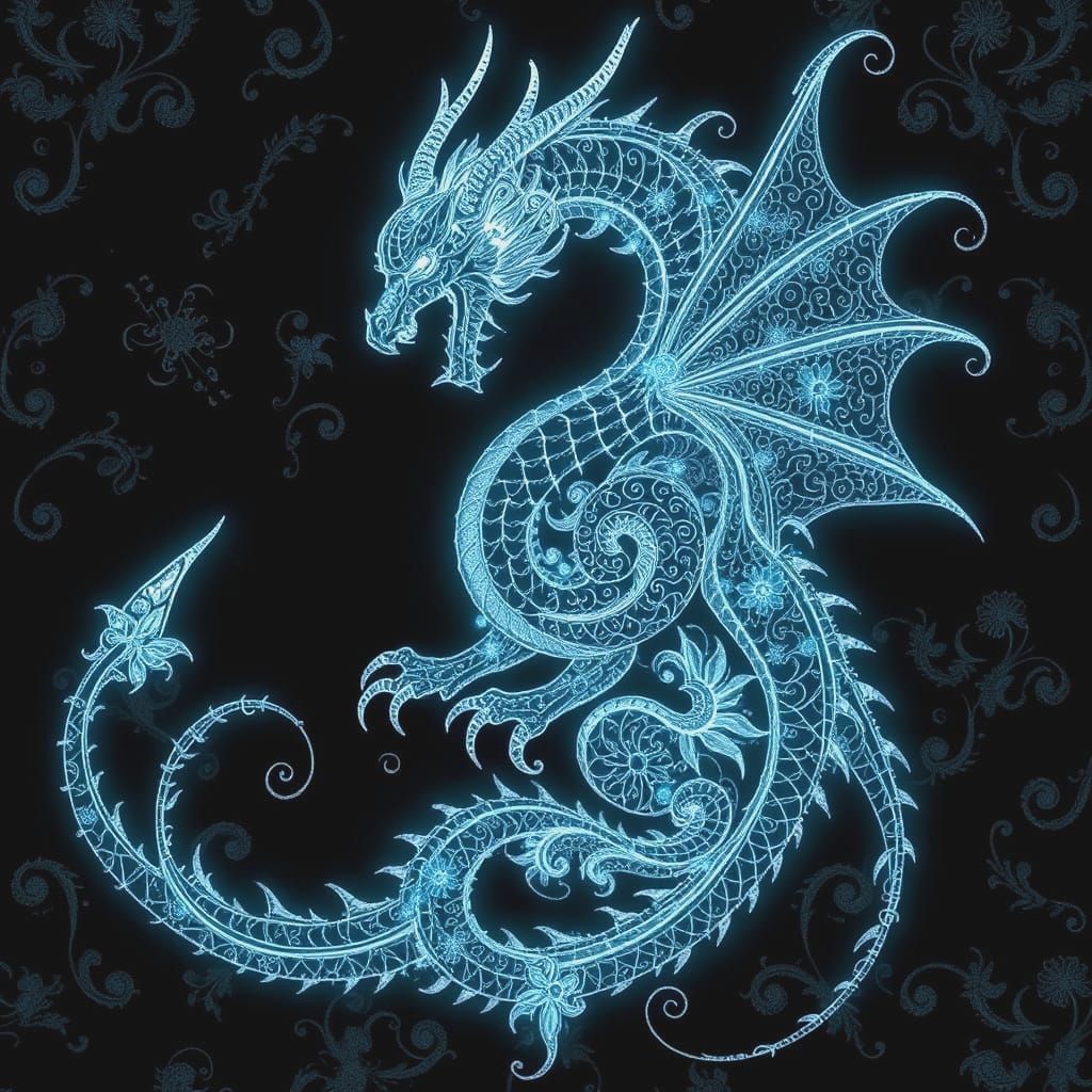 Bioluminescent Dragon with Silver Filigree Design