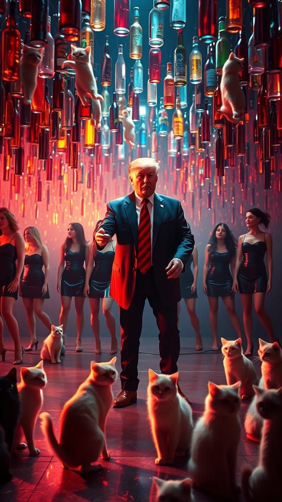 Girls and Cats Dance with Donald Trump in a Futuristic, Surr...