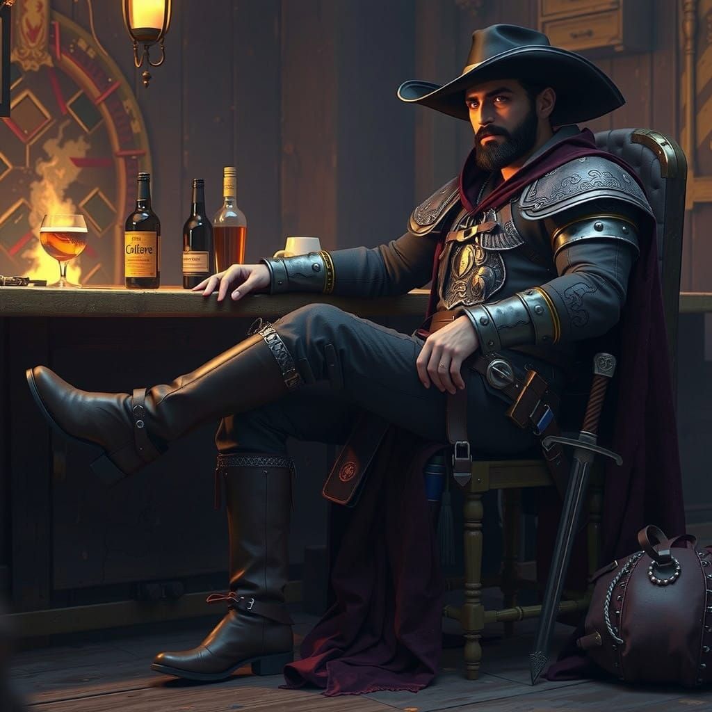Cajun Warrior Relaxing in a Dimly Lit Tavern