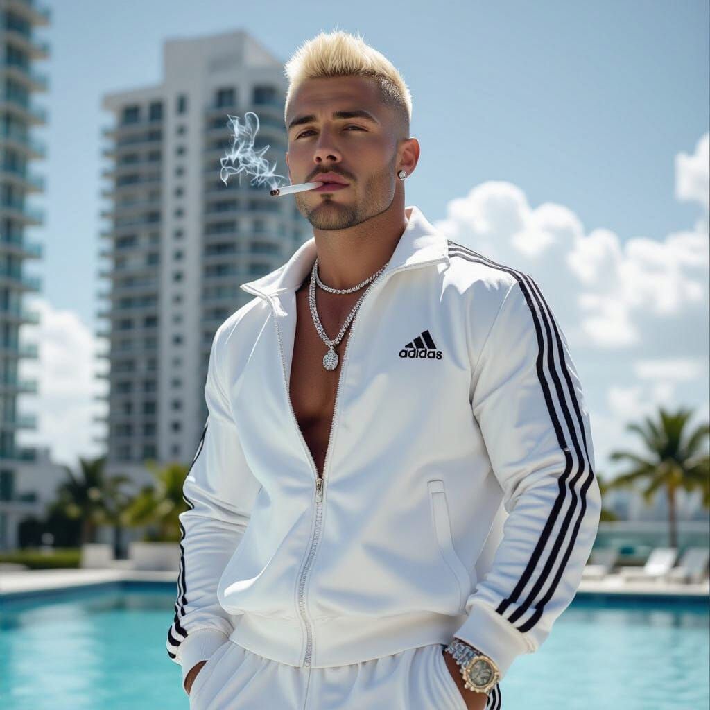 Handsome Chav Man in Adidas Suit by Poolside