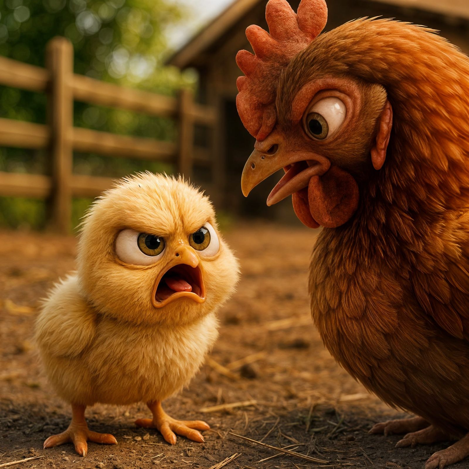 Angry Chick Demands Food From Mother Hen