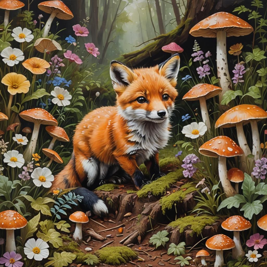 Baby Fox As Oil Painting on Forest Floor