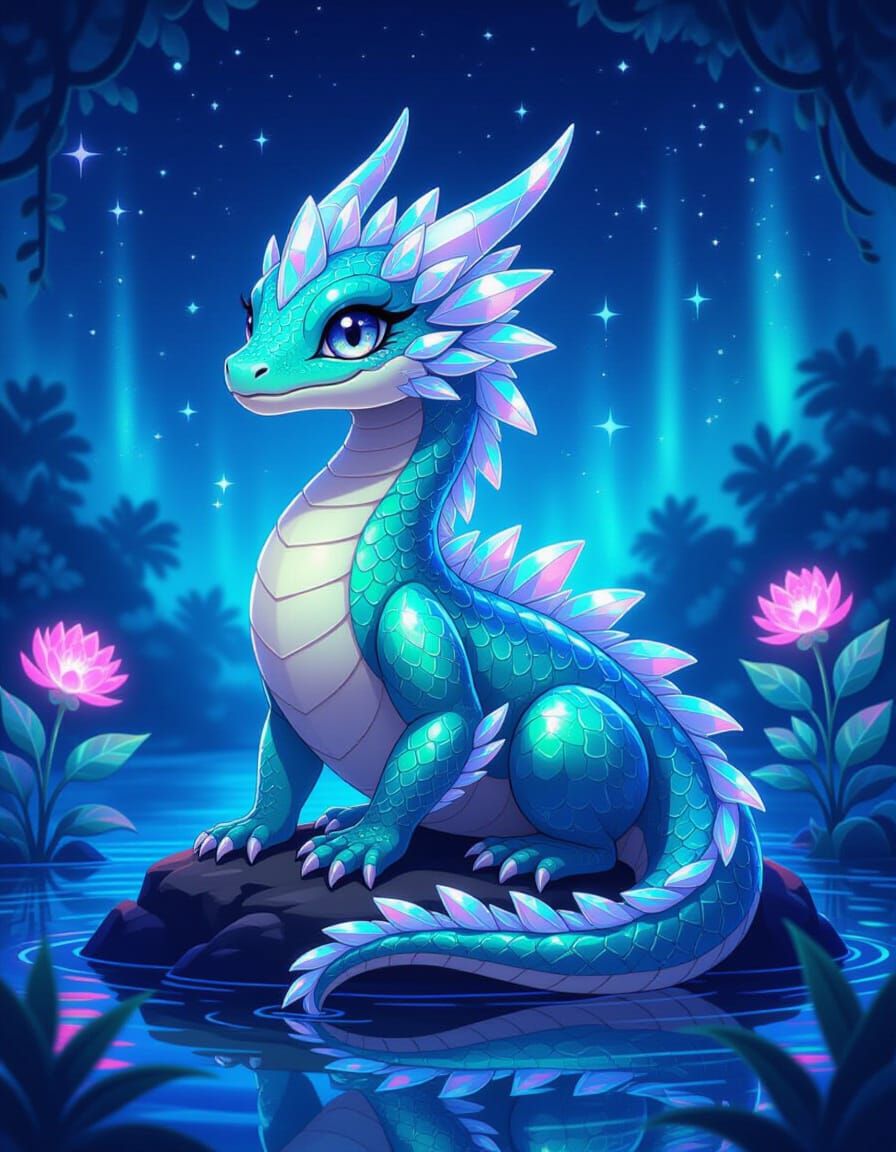 Holographic Amphibian Dragon in Manga Style