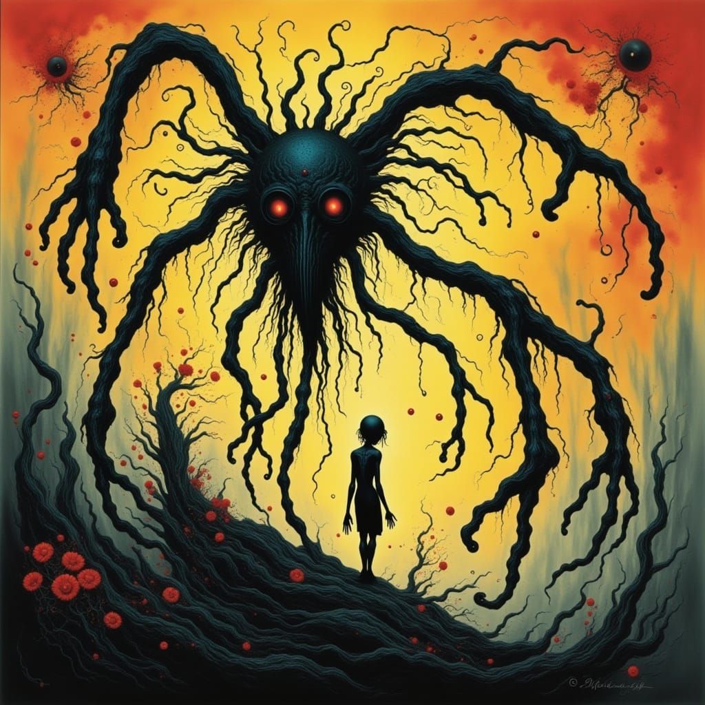 Dark Figure in Dreamlike Watercolour Landscape