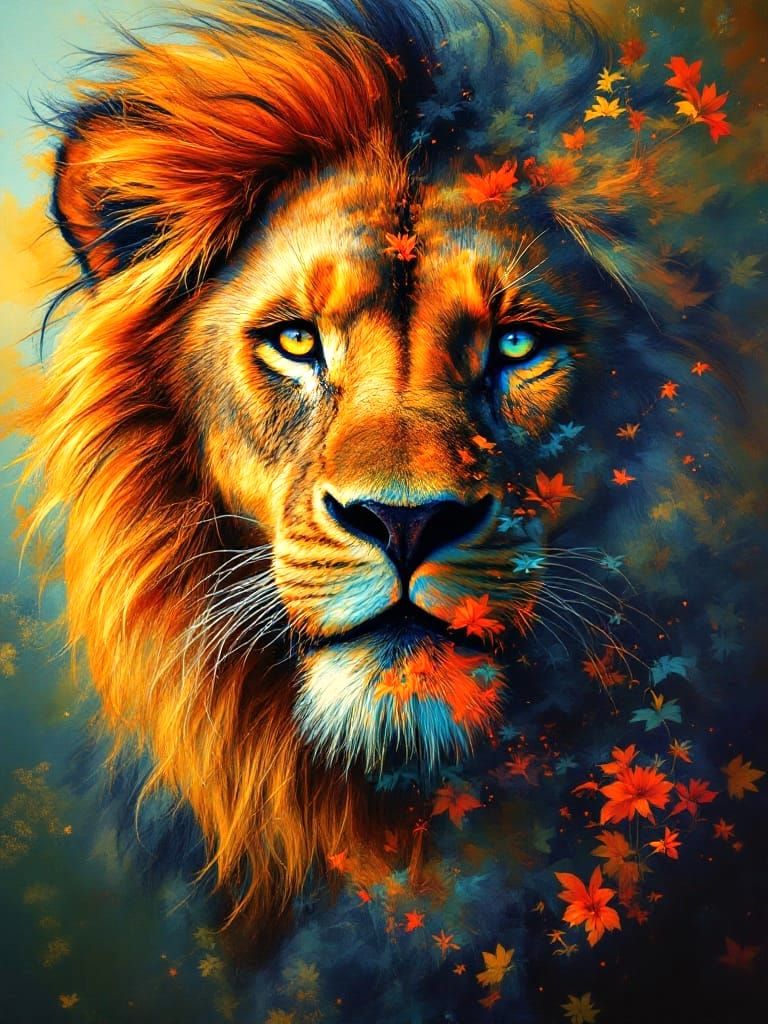 African Woman and Lion in Vibrant Oil Painting