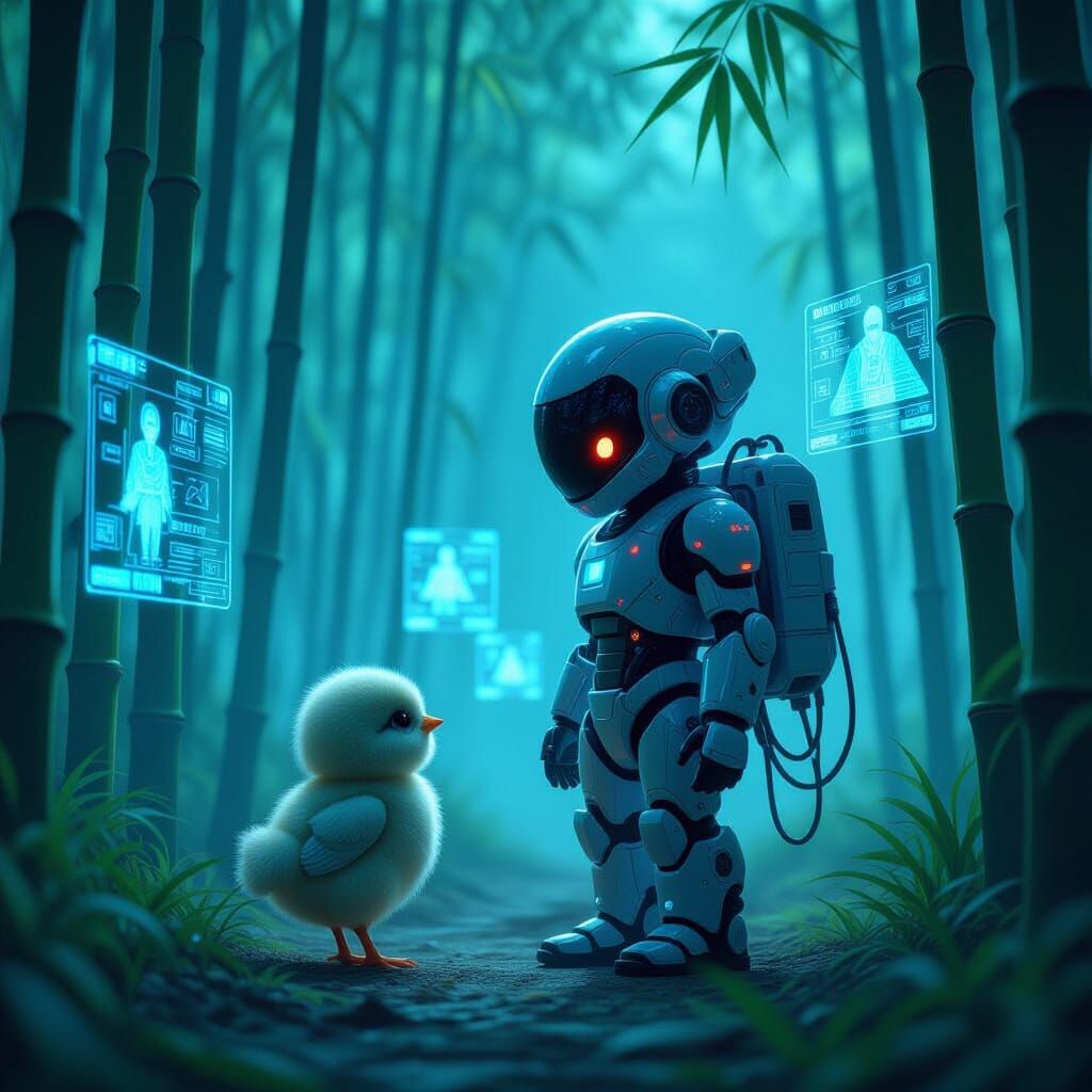 Cyberpunk Chick in Neon Bamboo Forest