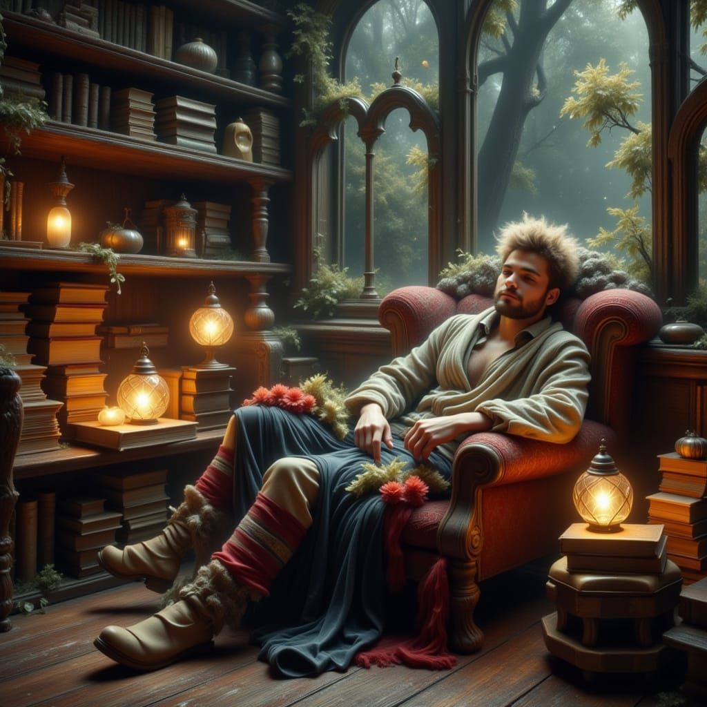 Tired Teacher in Dreamlike Library, Fantasy Style