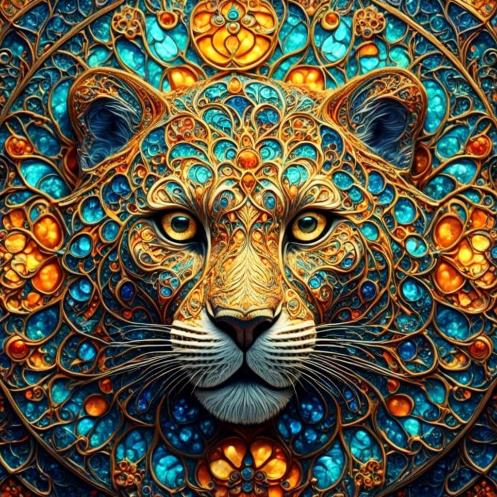 Abstract Leopard Stained Glass Fractal Mandala Art