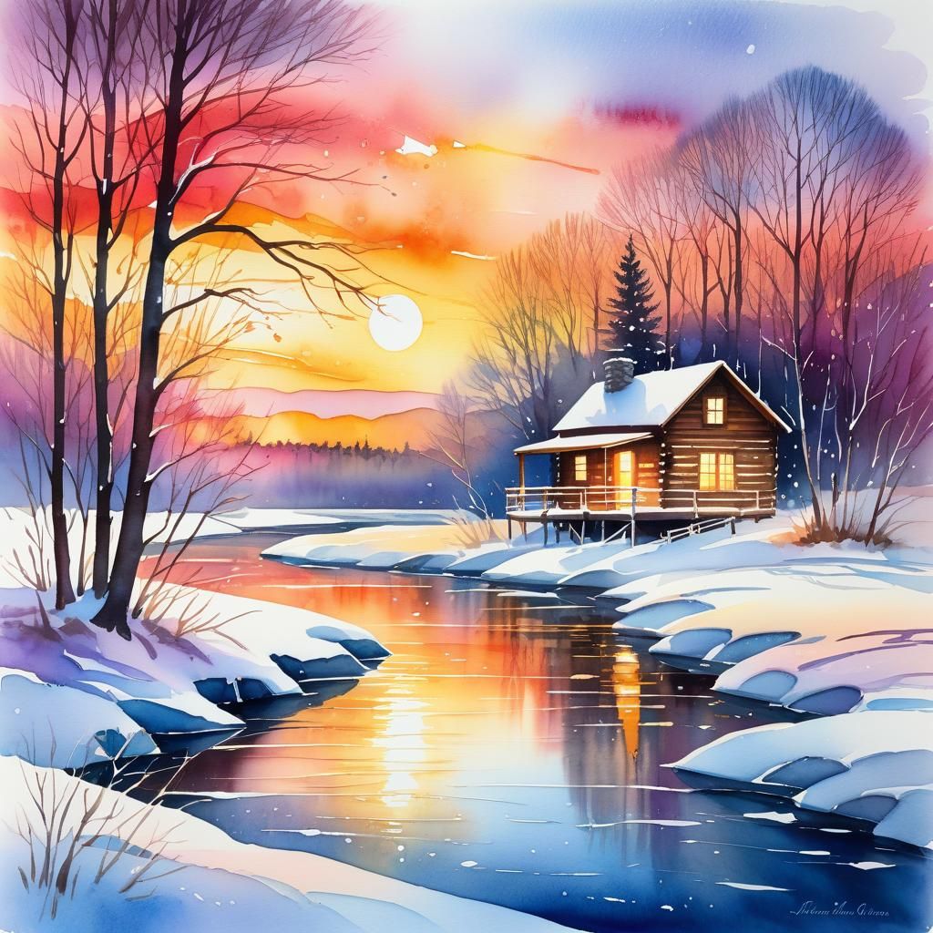 Ethereal Watercolor Landscape of Snowy Winter Wonderland