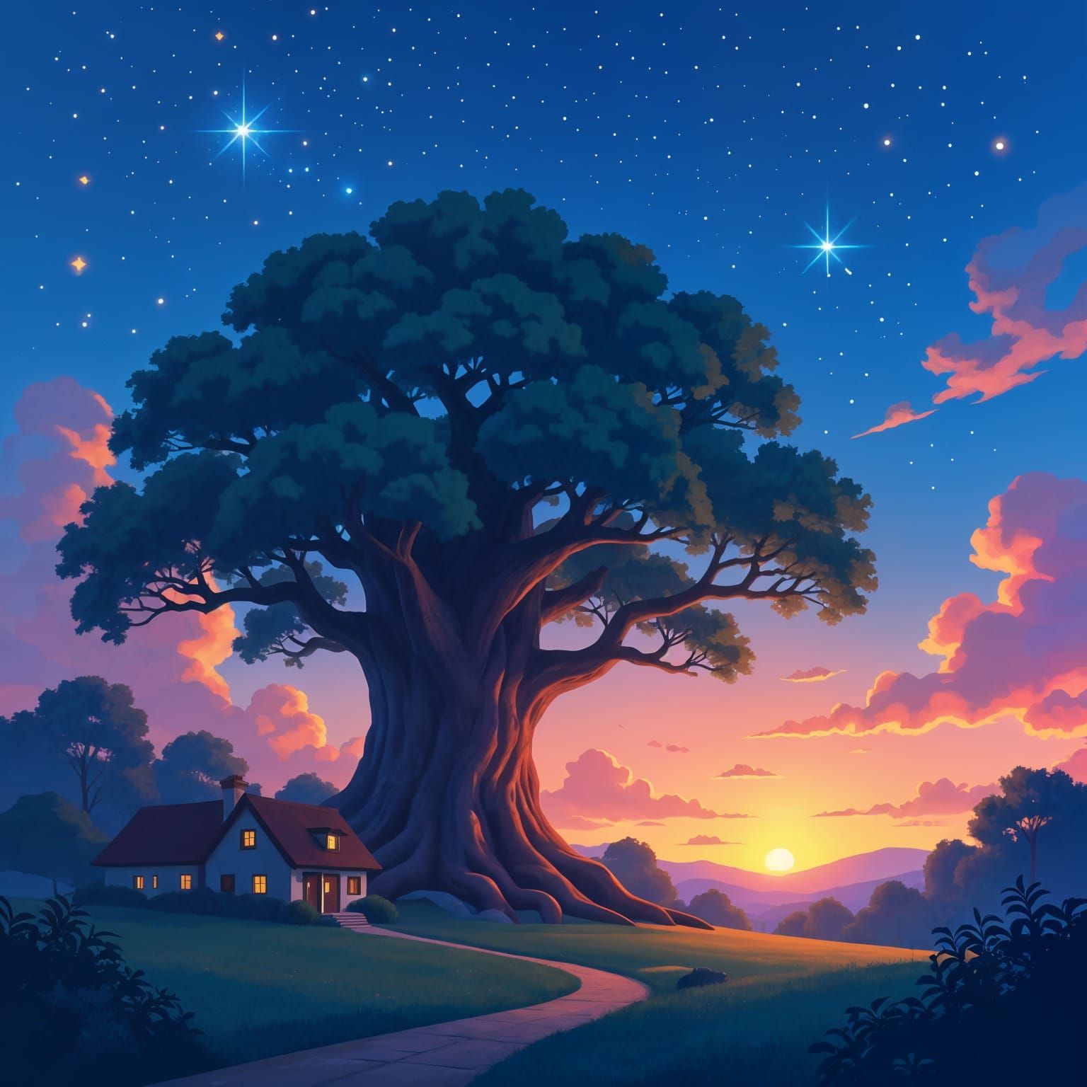 Enchanted Village Under Ancient Trees at Twilight