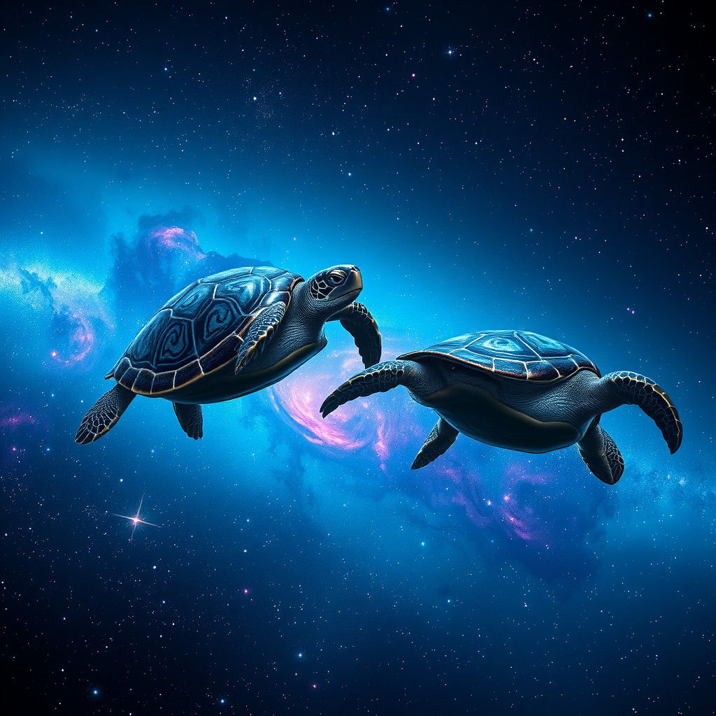 Turtles Swim Through Space in Surreal Style