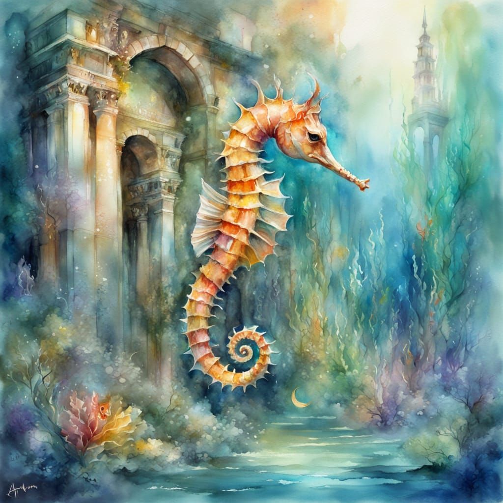 Underwater Seahorses in Ancient City Ruins as Watercolor