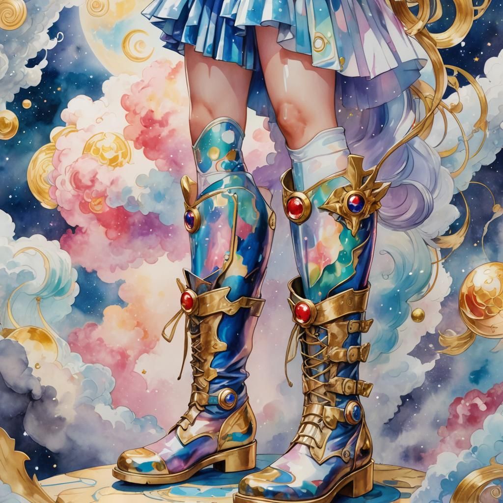 Sailor Moon-like Warrior with Elemental Map in Watercolor St...