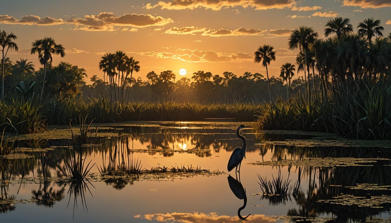 Florida Everglades Heron at Sunset in 3D Render