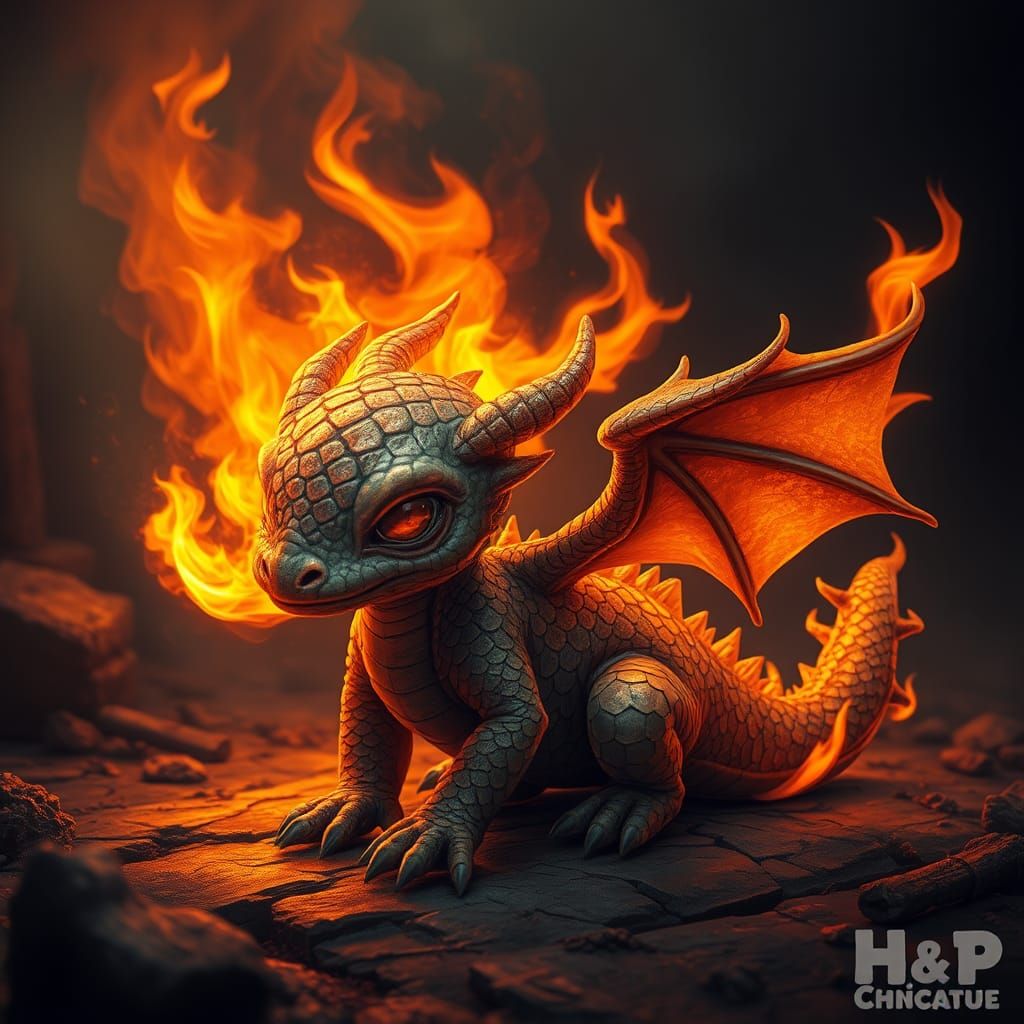 Flaming Baby Dragon in Dark Fantasy Style