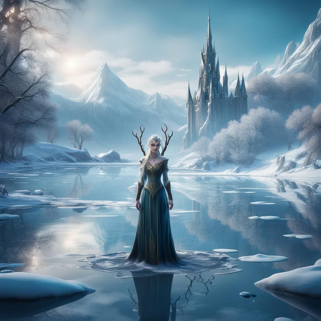 Snow Elf Princess in Frozen Lake: Fantasy Art