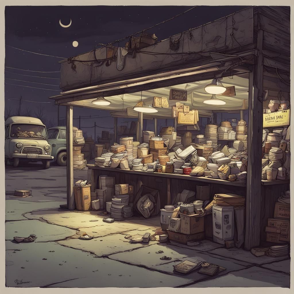 Sinister Flea Market at Night, Dark Fantasy Style