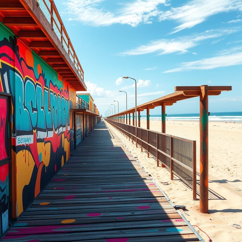 Vibrant Beach Boardwalk with Graffiti Art