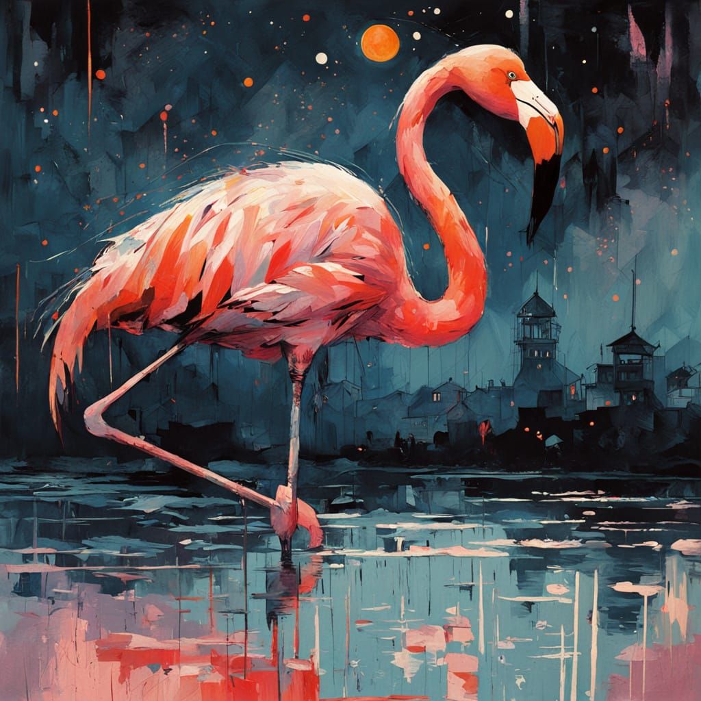 Epic Impressionist Masterpiece: Pink Flamingo Over Dark Lake