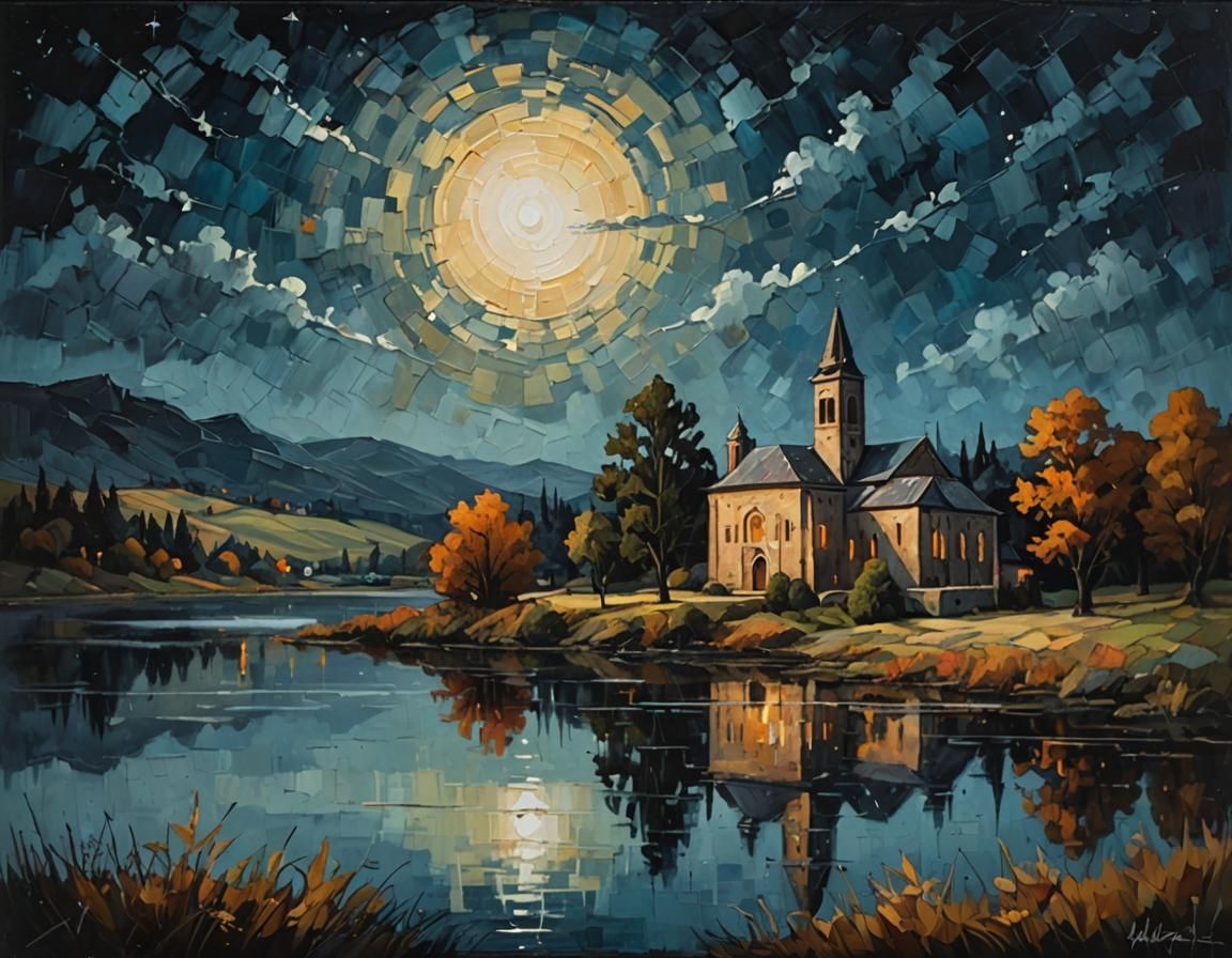 Enchanting Autumn Monastery by Lake as Acrylic Painting